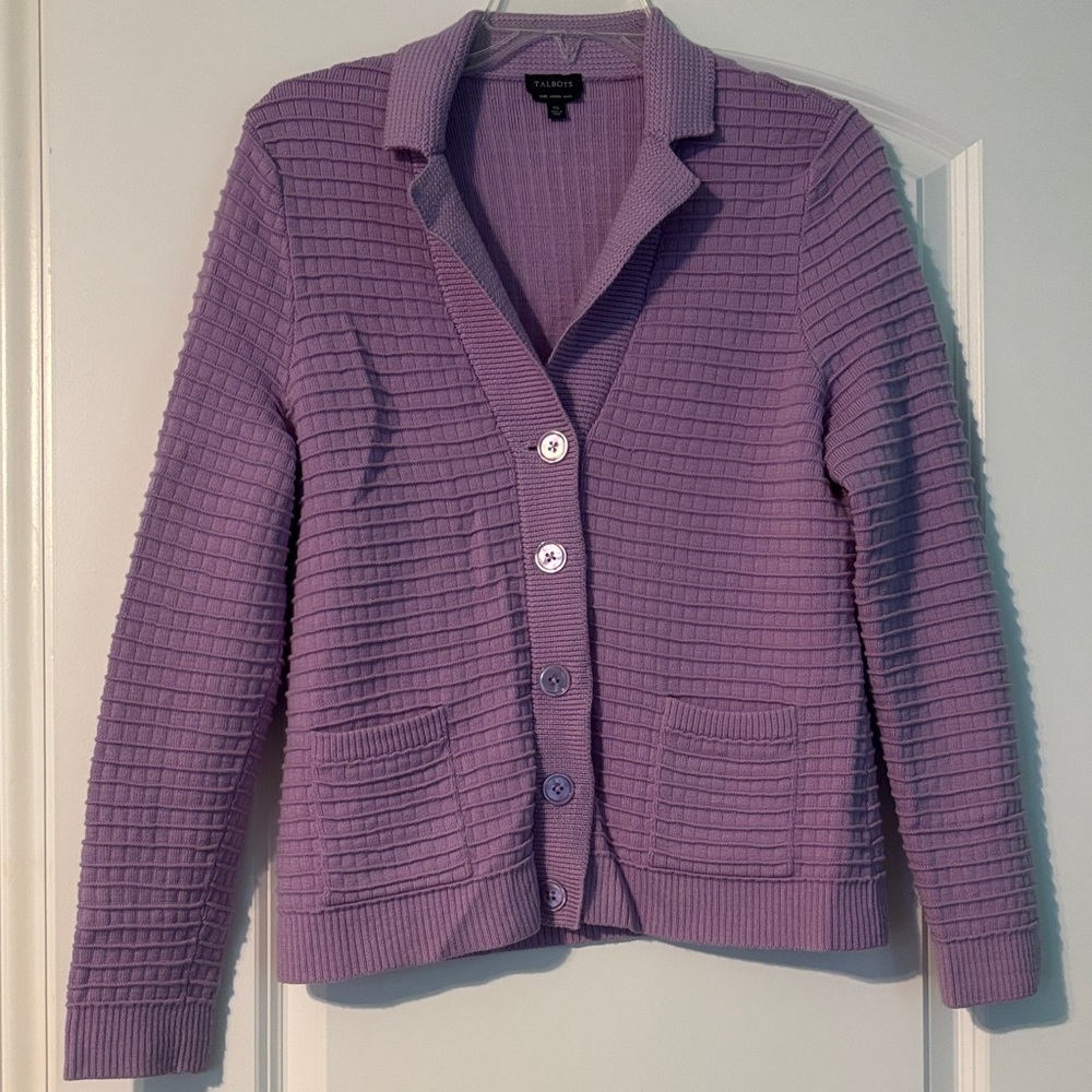 Talbots Lavender Ribbed Knit Collared Cardigan